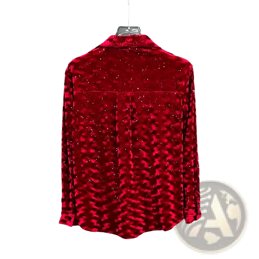 Mens sequined long sleeve button down shirt in rich red velvet with subtle pattern and sparkling embellishments on hanger