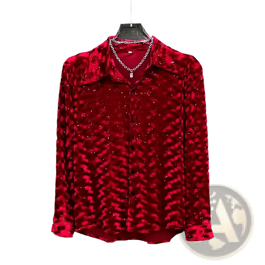 Mens sequined long sleeve button down shirt in vibrant red velvet with sparkling rhinestones and classic collar