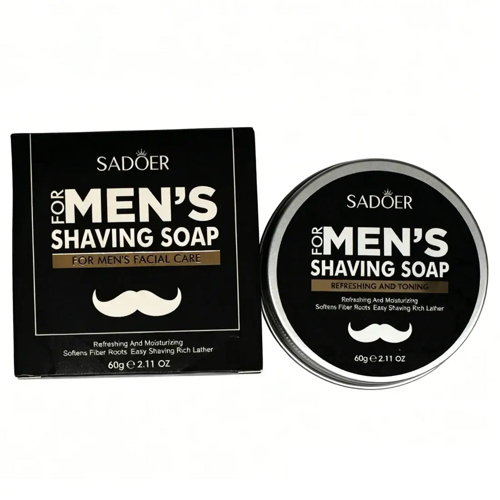 Sadoer men’s shaving soap 60g moisturizing shaving bar in sleek black tin with silver rim and white mustache logo for enhanced shaving experience