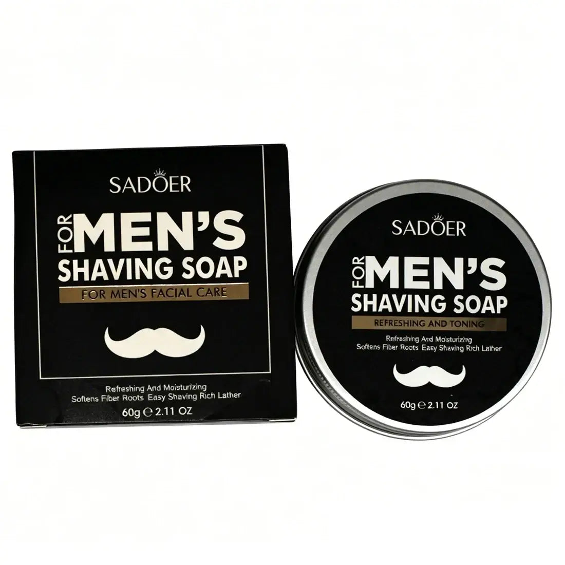 Sadoer men’s shaving soap 60g moisturizing shaving bar in sleek black tin with silver rim and white mustache logo for enhanced shaving experience