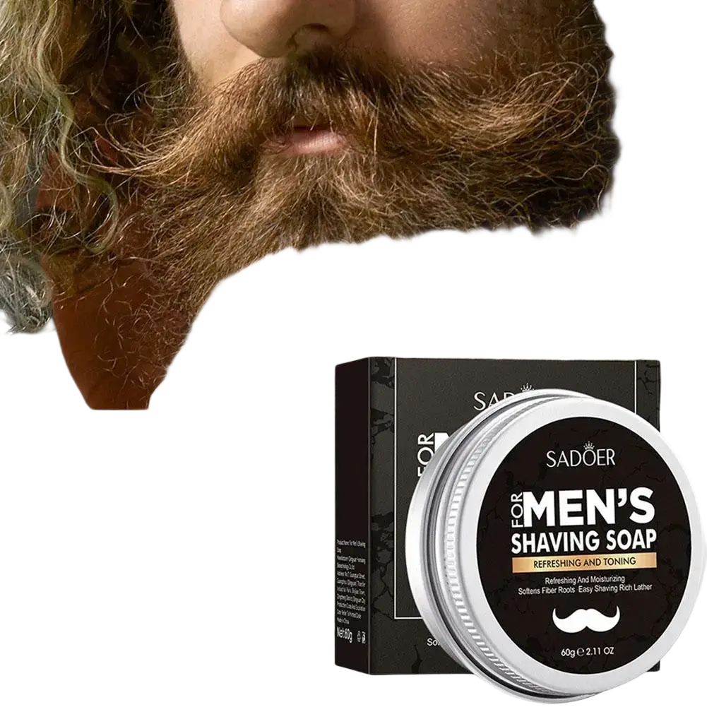 Sadoer men’s shaving soap 60g moisturizing shaving bar in a sleek silver tin with black and white label and mustache icon