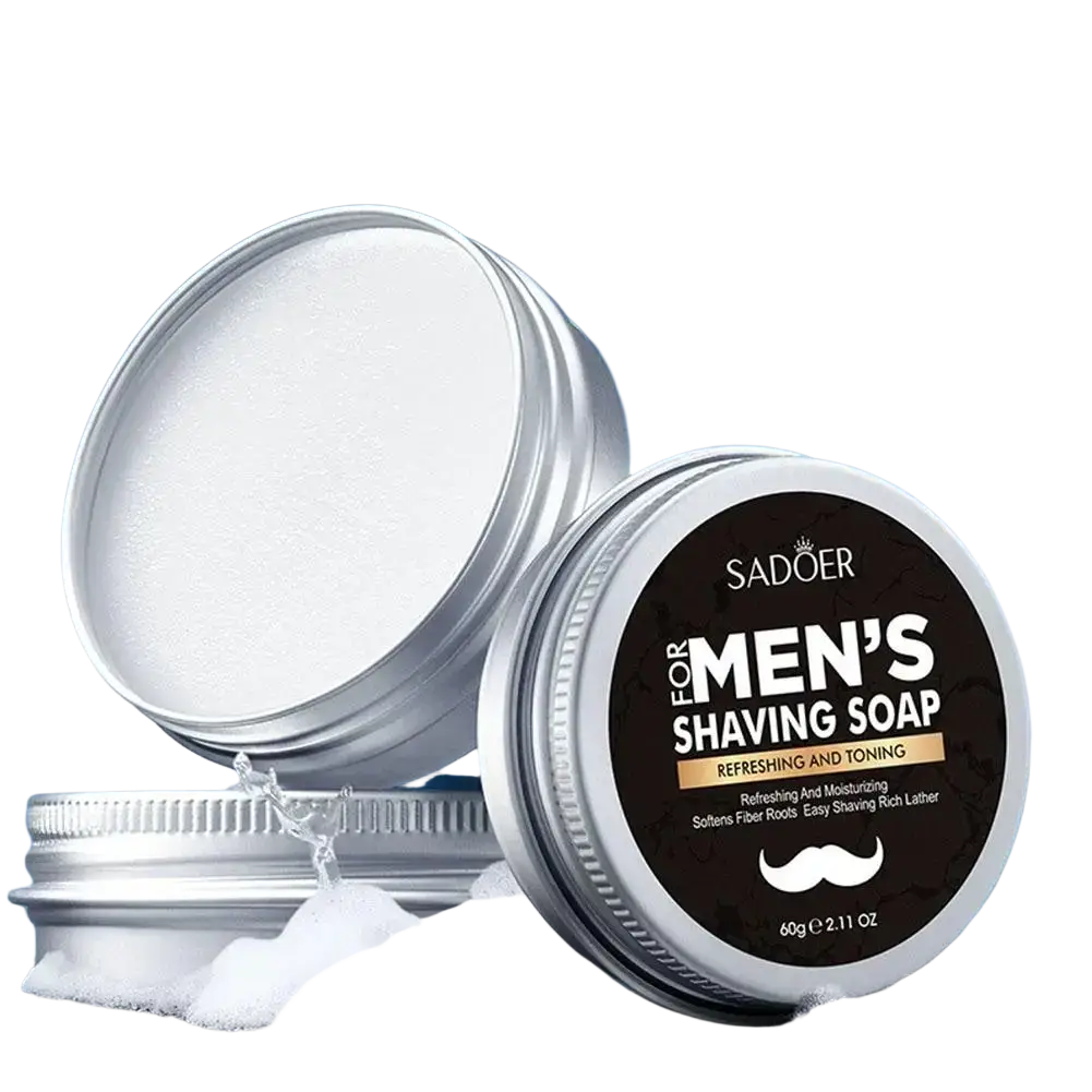 Silver cylindrical container of sadoer men’s shaving soap with black label and white mustache logo generating rich lather