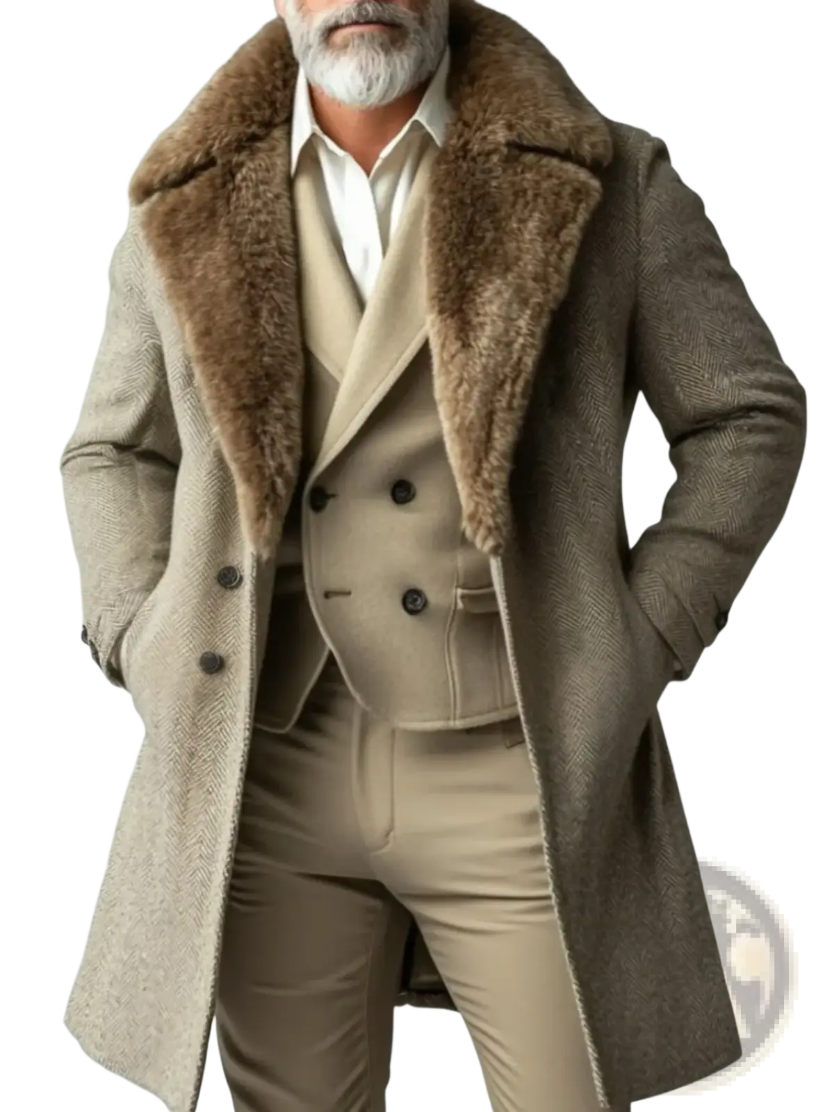 Men’s beige herringbone wool overcoat with plush brown shearling collar for stylish cold weather wear