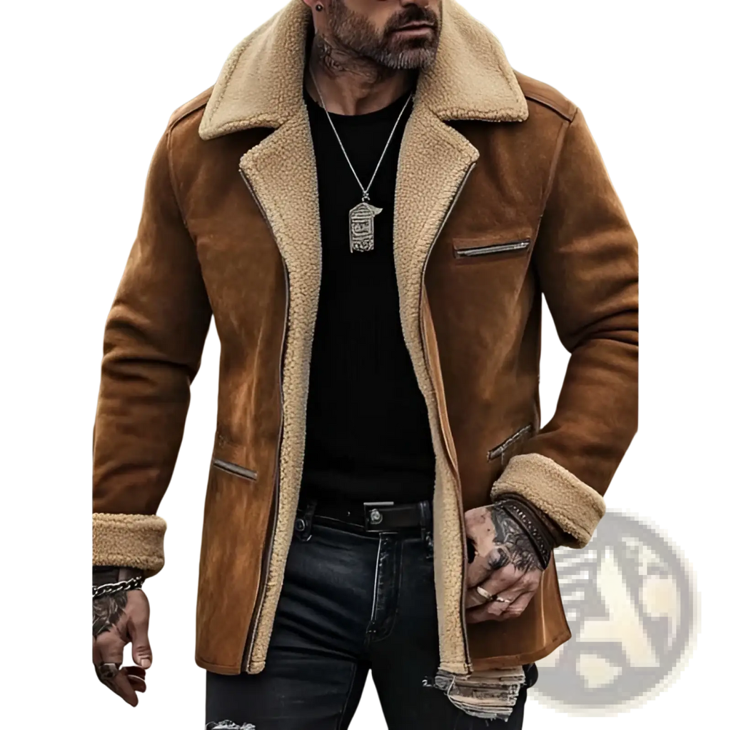 Men’s brown shearling lapel zip jacket with plush tan-lined shearling collar and cuffs in soft leather material