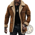 Men’s brown shearling lapel zip jacket with plush tan-lined shearling collar and cuffs in soft leather material