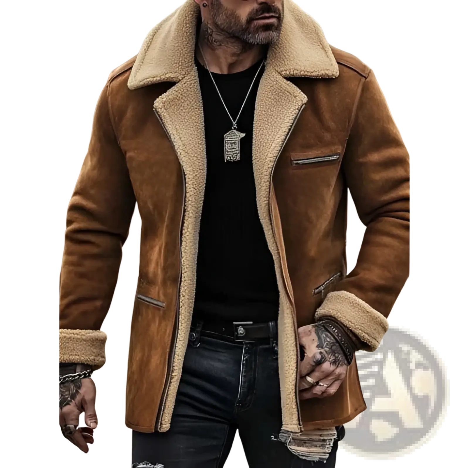 Men’s brown shearling lapel zip jacket with plush tan-lined shearling collar and cuffs in soft leather material