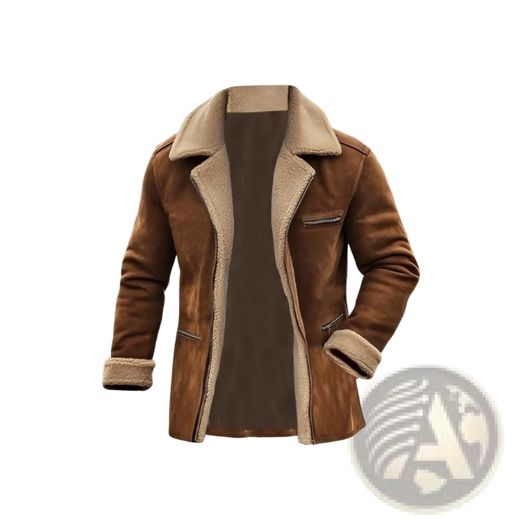 Men’s shearling lapel zip jacket brown with plush lighter tan shearling lining and matching cuffs