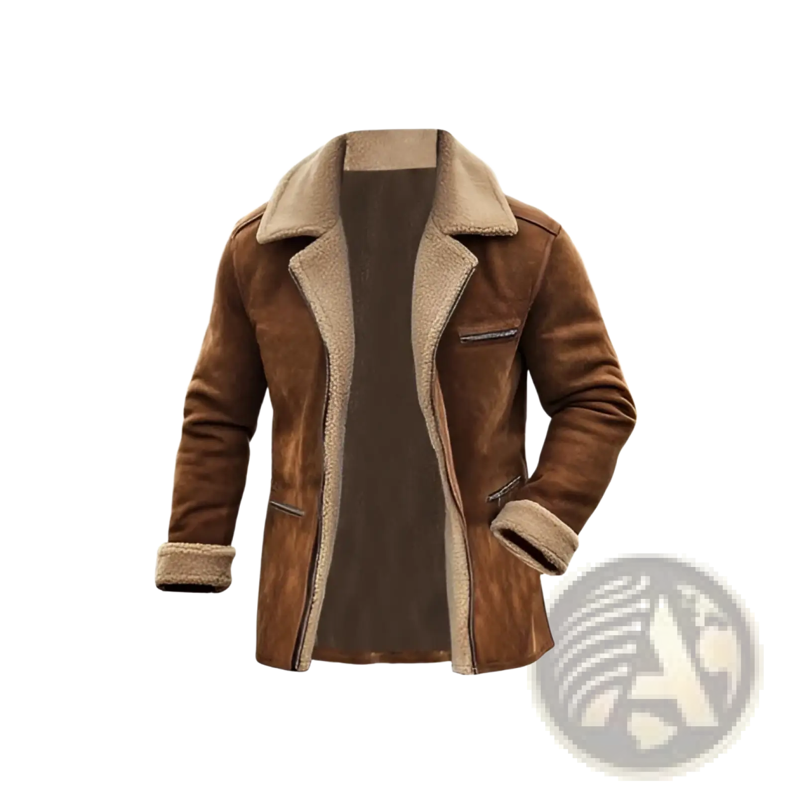Men’s shearling lapel zip jacket brown with plush lighter tan shearling lining and matching cuffs