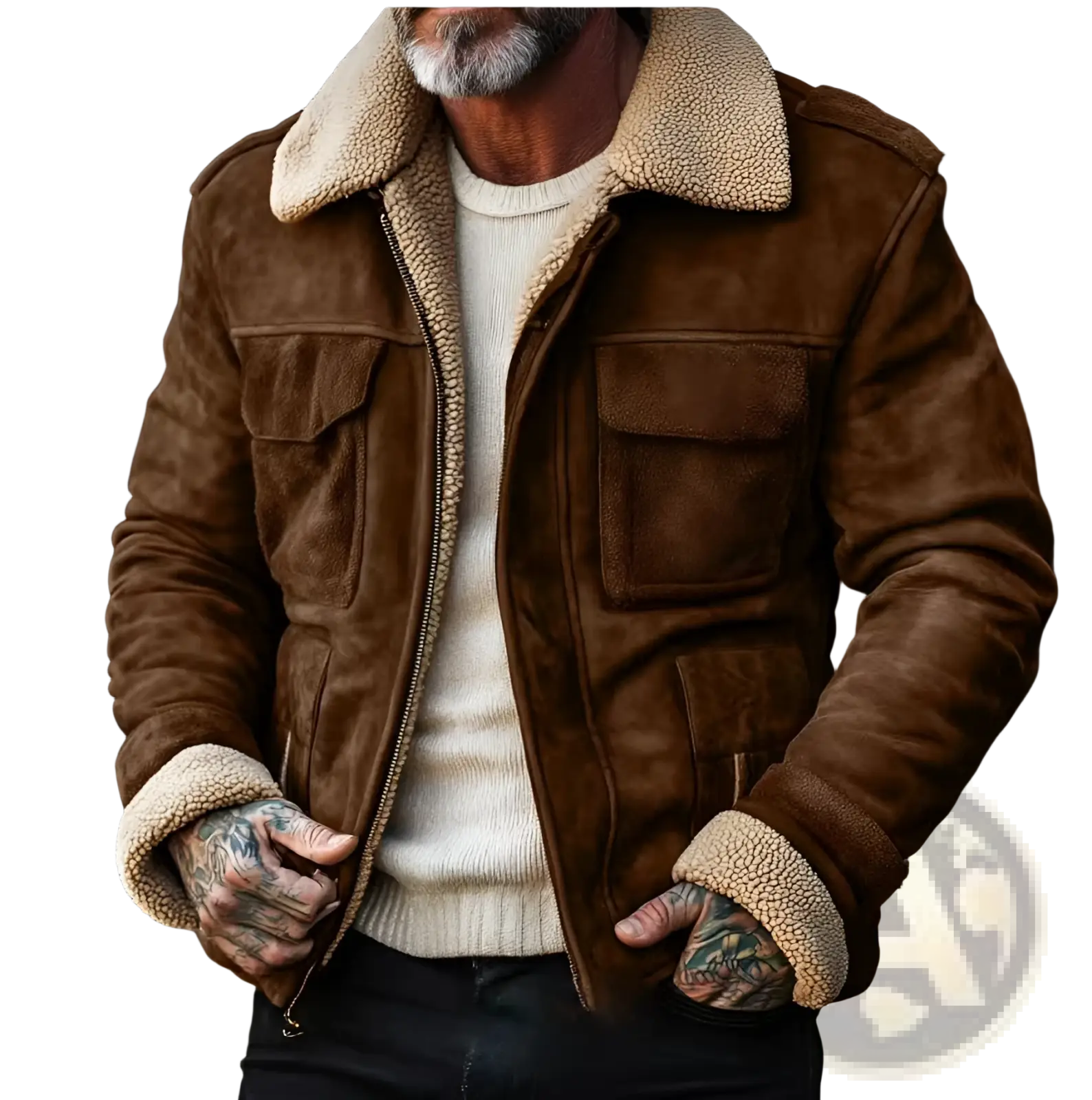 Men’s shearling lapel zip jacket in brown suede with cream-colored fleece lining and cuffs for cold weather
