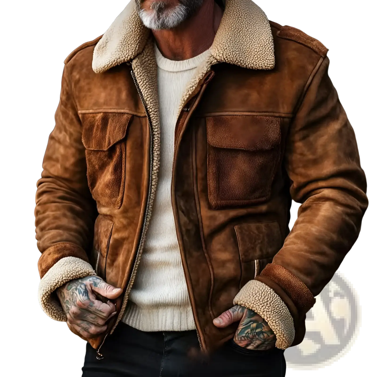 Mens shearling lapel zip jacket brown made of brown suede with cream-colored fleece lining and collar