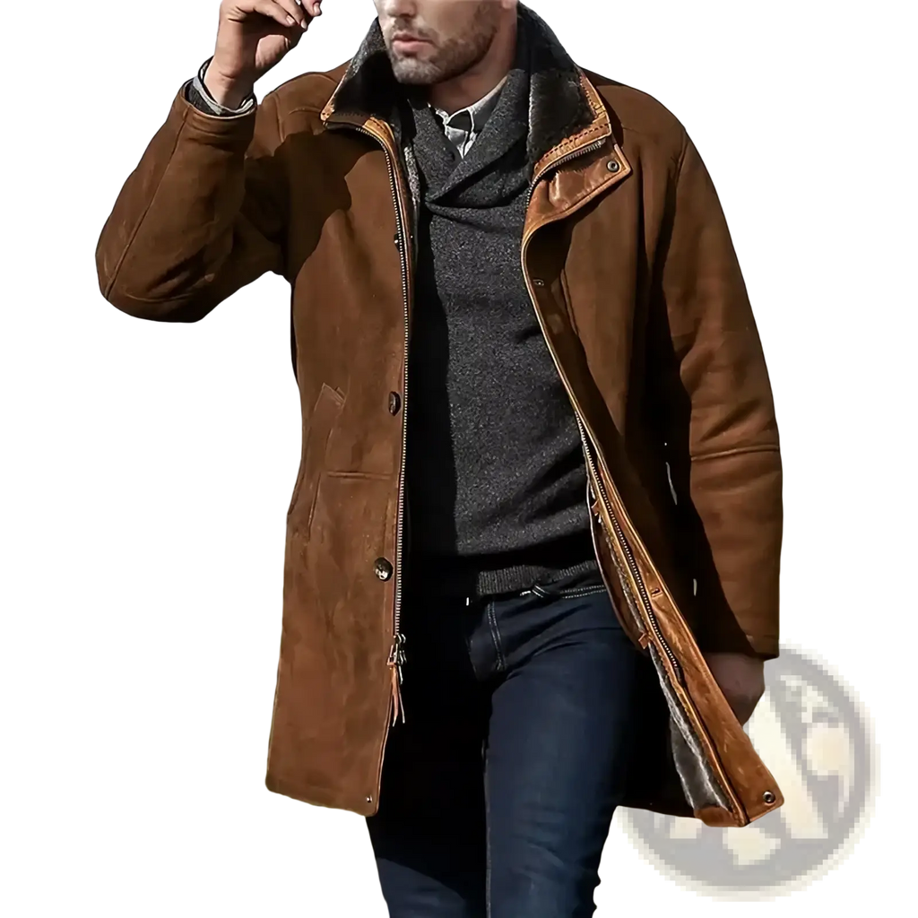 Men’s shearling wool winter coat in brown suede with tan leather collar and zipper accents for cold weather