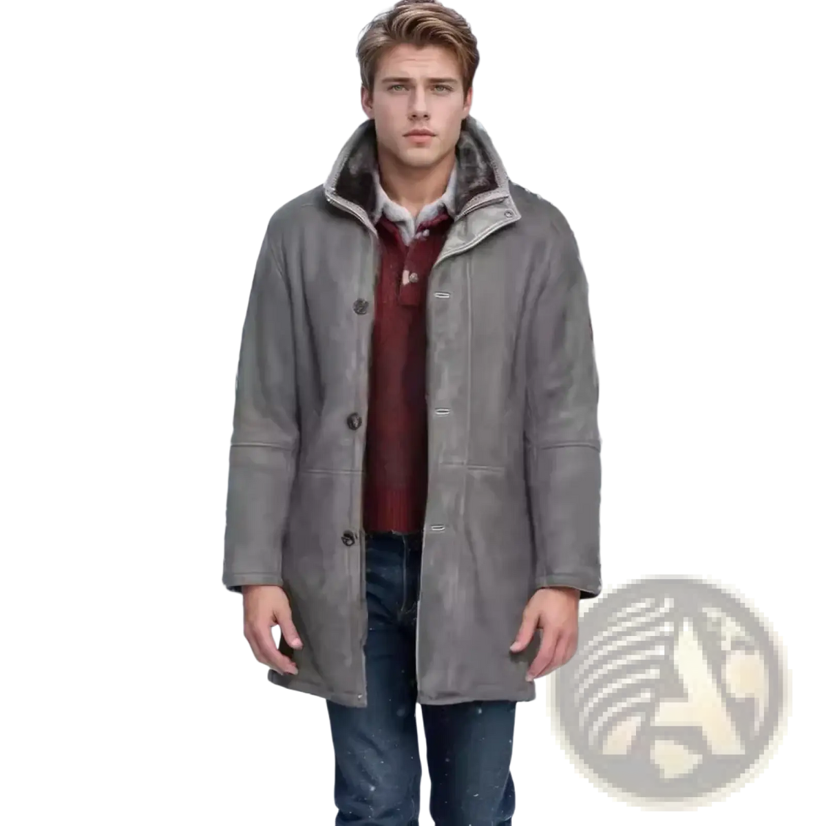 Men’s gray shearling wool winter coat with classic button front and subtle texture designed for cold weather use