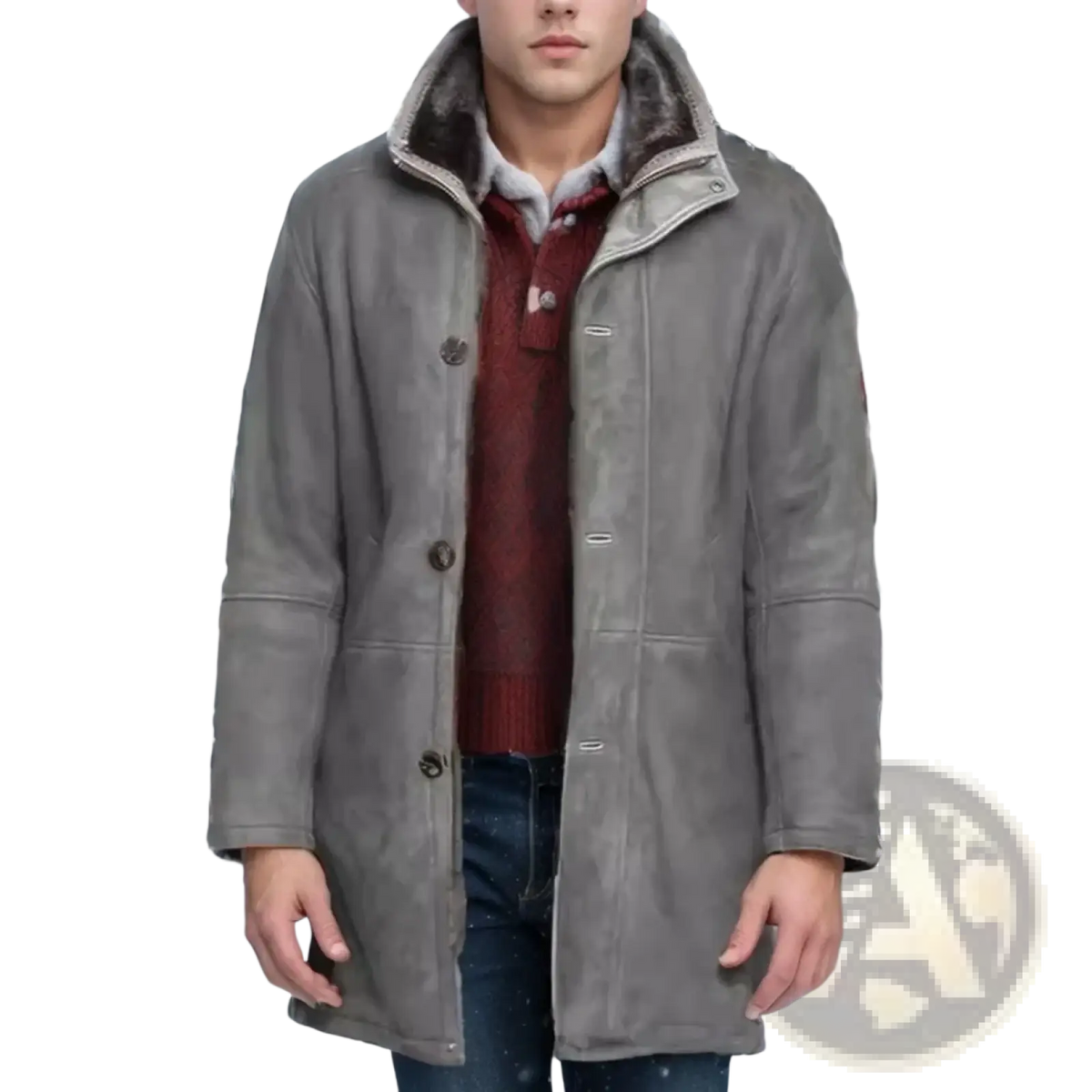 Men’s gray shearling wool winter coat with a soft textured exterior and dark brown buttons for cold weather use