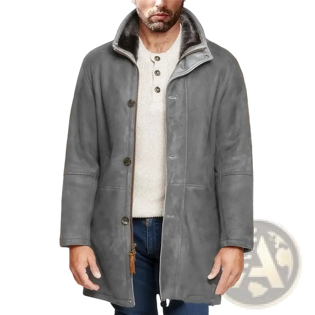 Men’s shearling wool winter coat in gray suede with plush dark fur collar and black buttons for cold weather