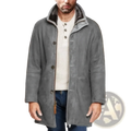 Men’s shearling wool winter coat in gray suede with plush dark fur collar and black buttons for cold weather
