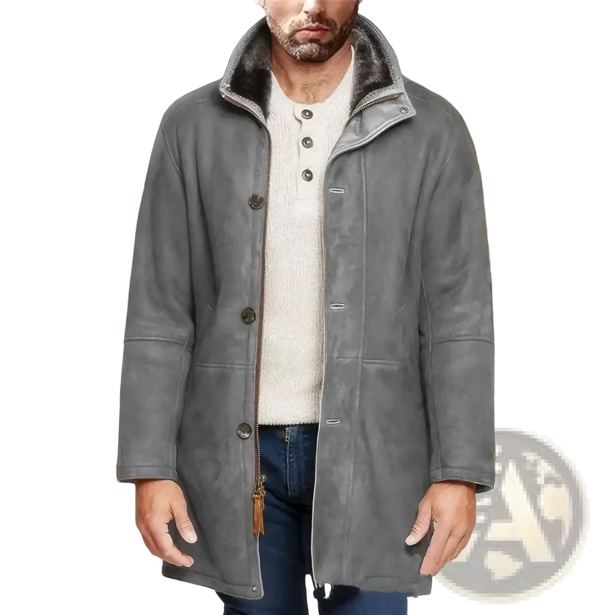 Men’s shearling wool winter coat in gray suede with plush dark fur collar and black buttons for cold weather