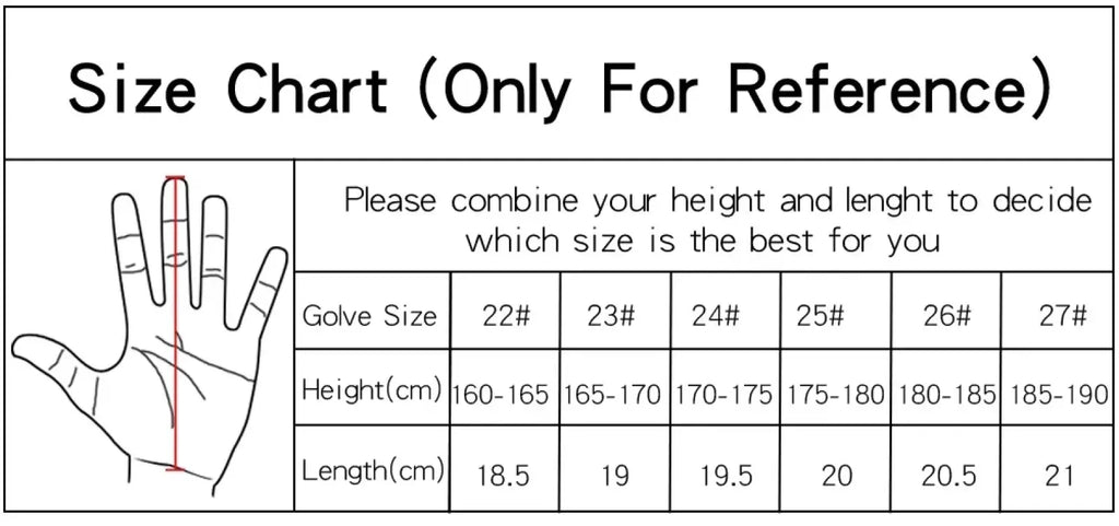 Size chart for men’s sheepskin anti-slip golf glove showing glove sizes 22 to 27 in centimeters