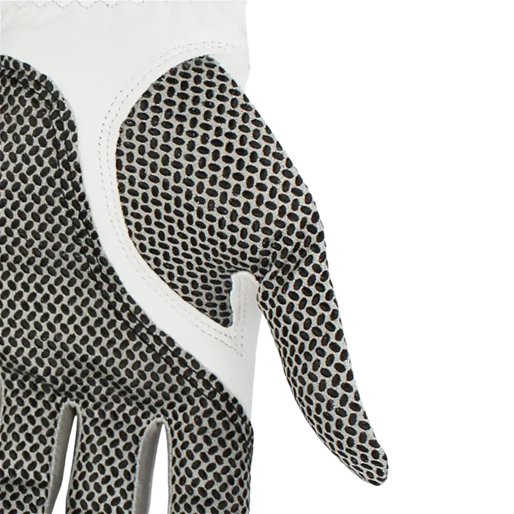 Men’s sheepskin anti-slip golf glove in white with black textured grip panels and gog golf logo on the back side