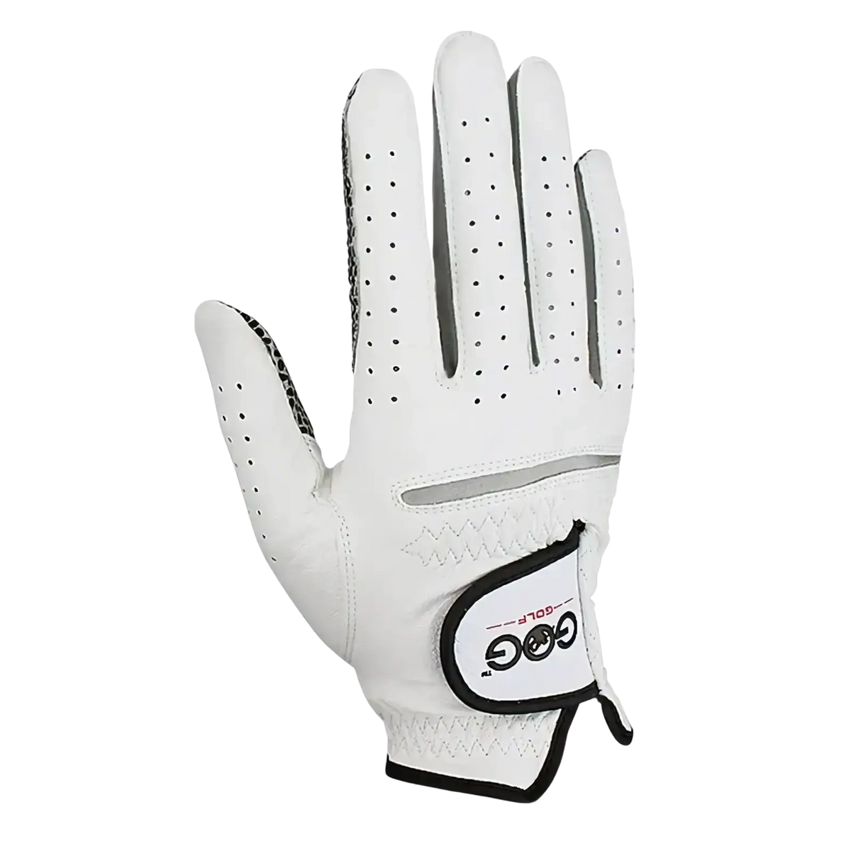 Men’s sheepskin white golf glove with perforated leather palms black trim and branded wrist strap for golf use
