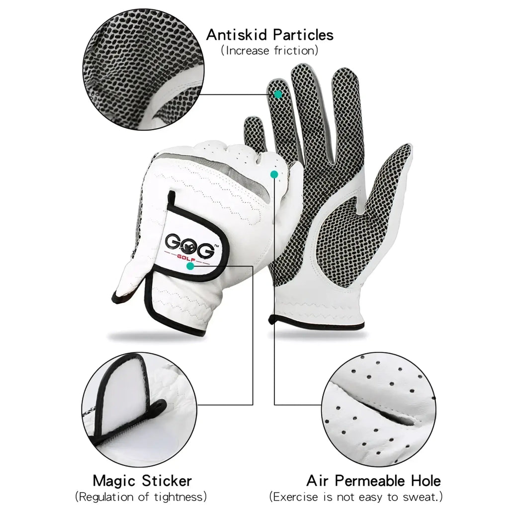 Men’s sheepskin golf glove in white and black with textured grip, ventilation holes, and a magic tape closure back side view