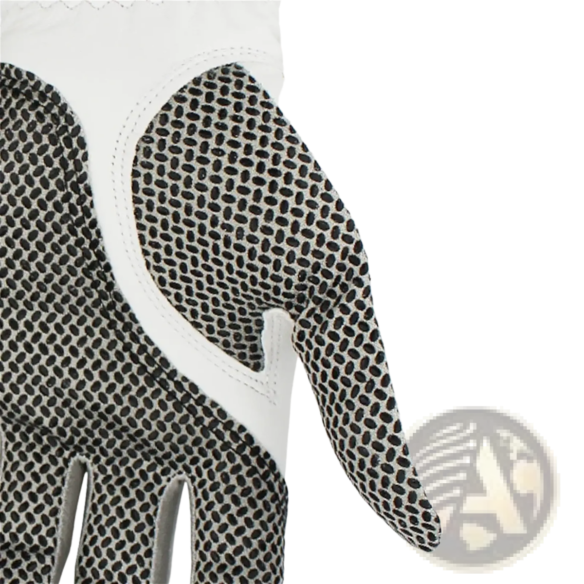 Men’s sheepskin anti-slip golf glove in white with black textured grip panels and gog golf logo on the back side