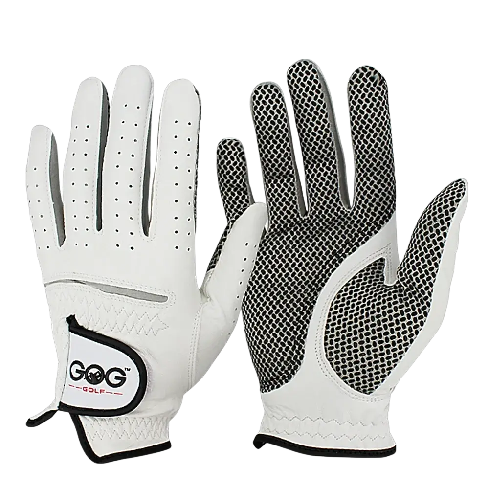 Men’s sheepskin anti-slip golf gloves in white with black mesh palms perforated fingers and branded wrist patch shown from the back