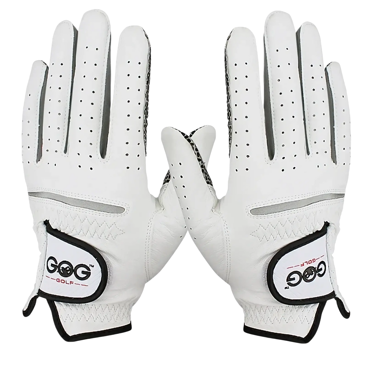 Men’s white sheepskin golf gloves with perforated palms and black-trimmed wrist patches for anti-slip grip