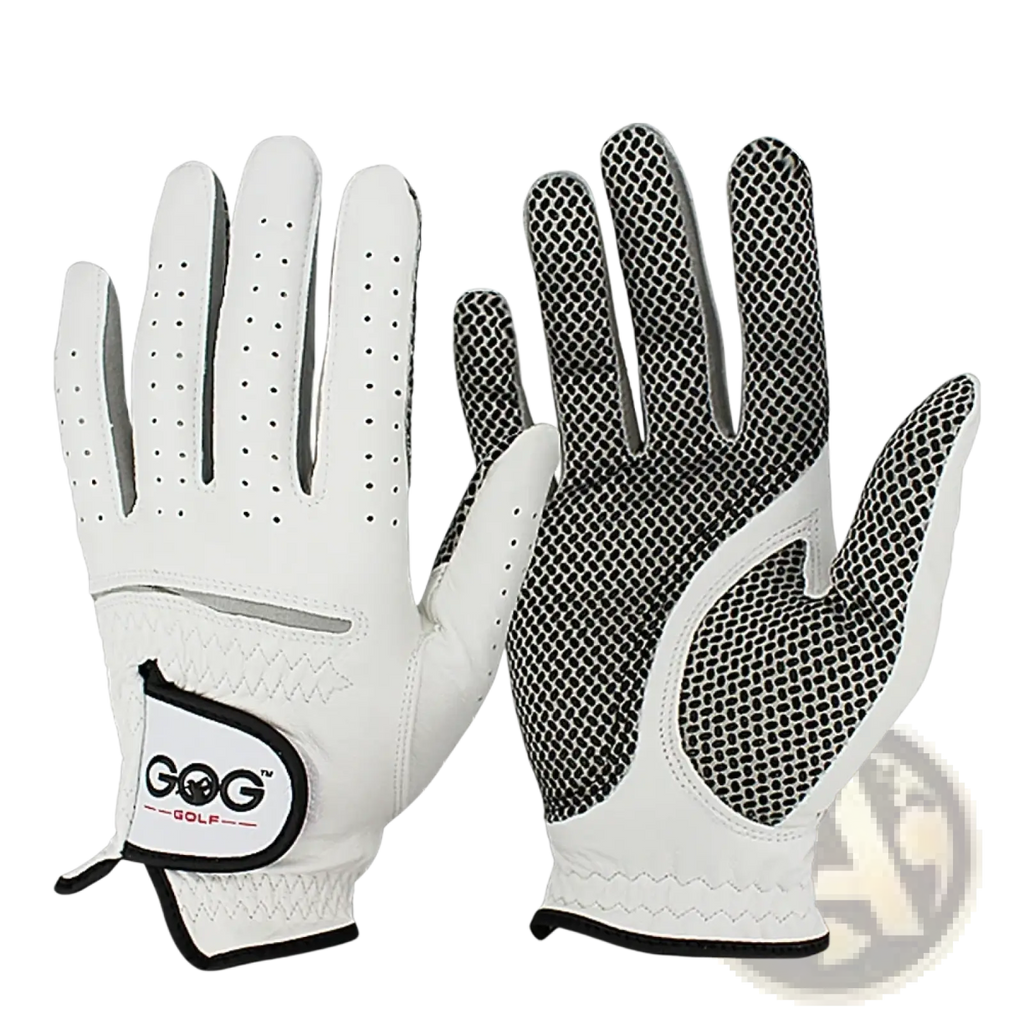 Men’s sheepskin anti-slip golf gloves in white with black mesh palms perforated fingers and branded wrist patch shown from the back