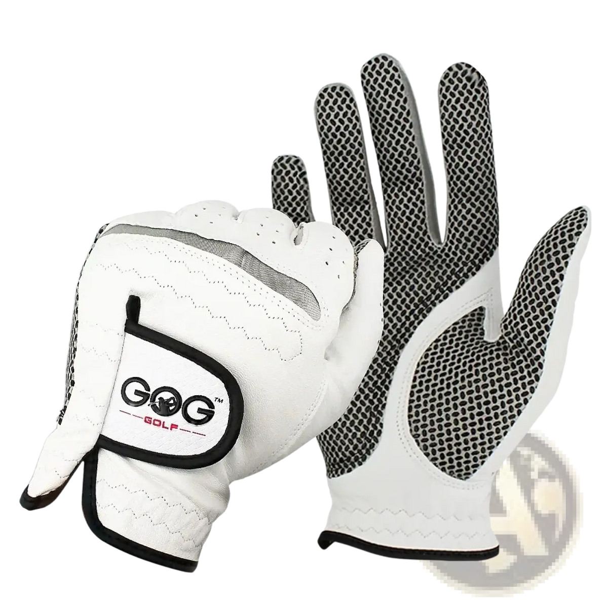 Men’s sheepskin anti-slip golf glove in white with black textured grip panels and subtle stitching details on the back side