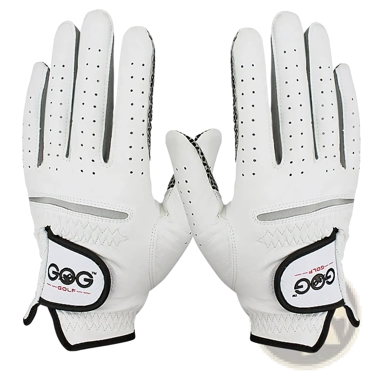 Men’s white sheepskin golf gloves with perforated palms and black-trimmed wrist patches for anti-slip grip