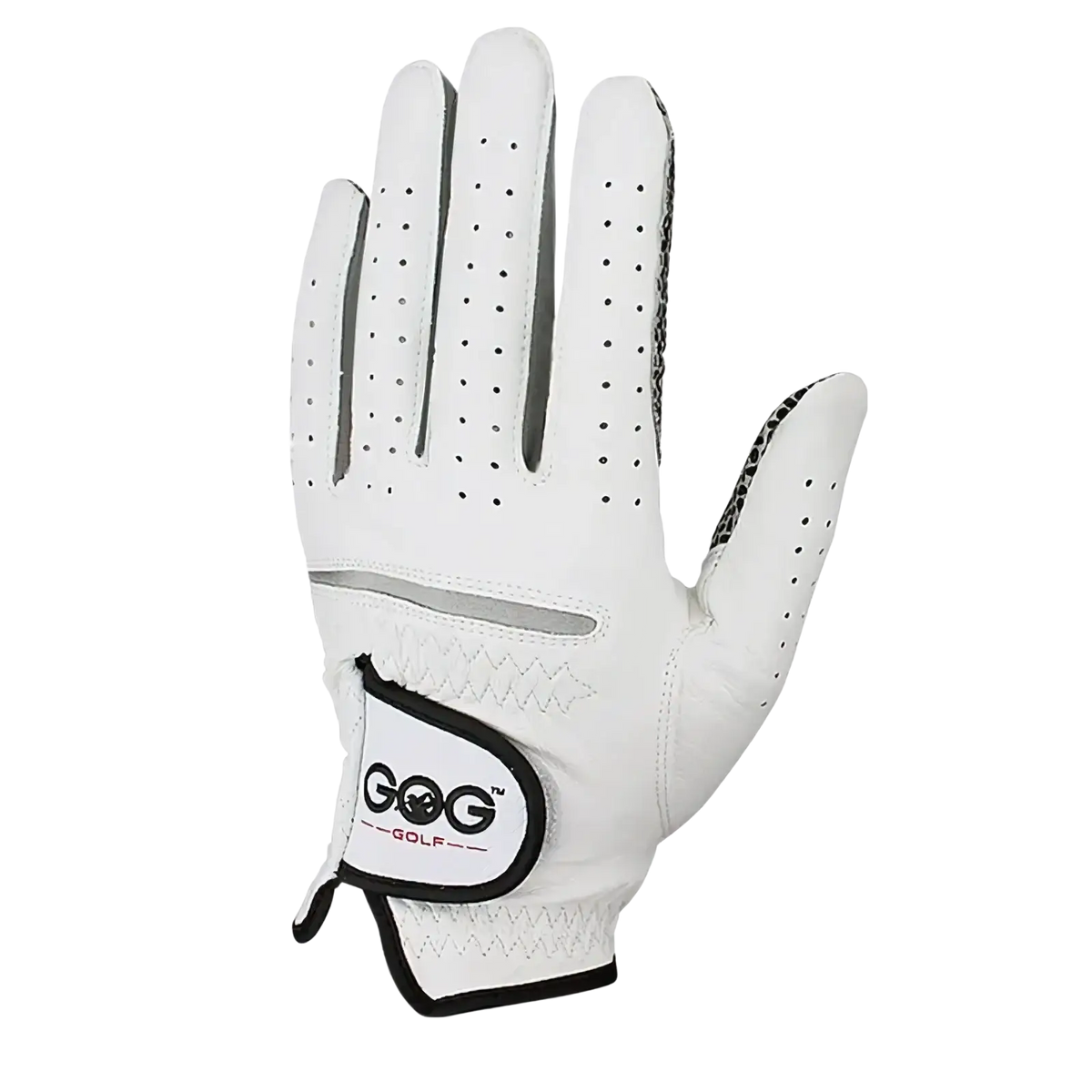 Men’s sheepskin white leather golf glove with black perforated accents and gog golf logo patch on back side