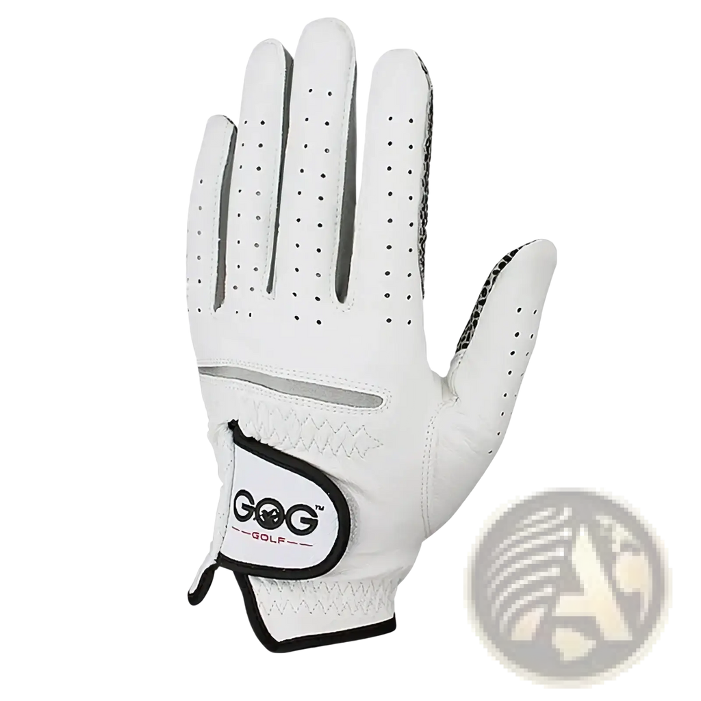 Men’s sheepskin white leather golf glove with black perforated accents and gog golf logo patch on back side