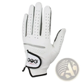 Men’s sheepskin white leather golf glove with black perforated accents and gog golf logo patch on back side