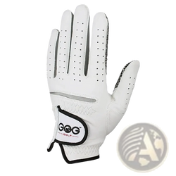 Men’s sheepskin white leather golf glove with black perforated accents and gog golf logo patch on back side