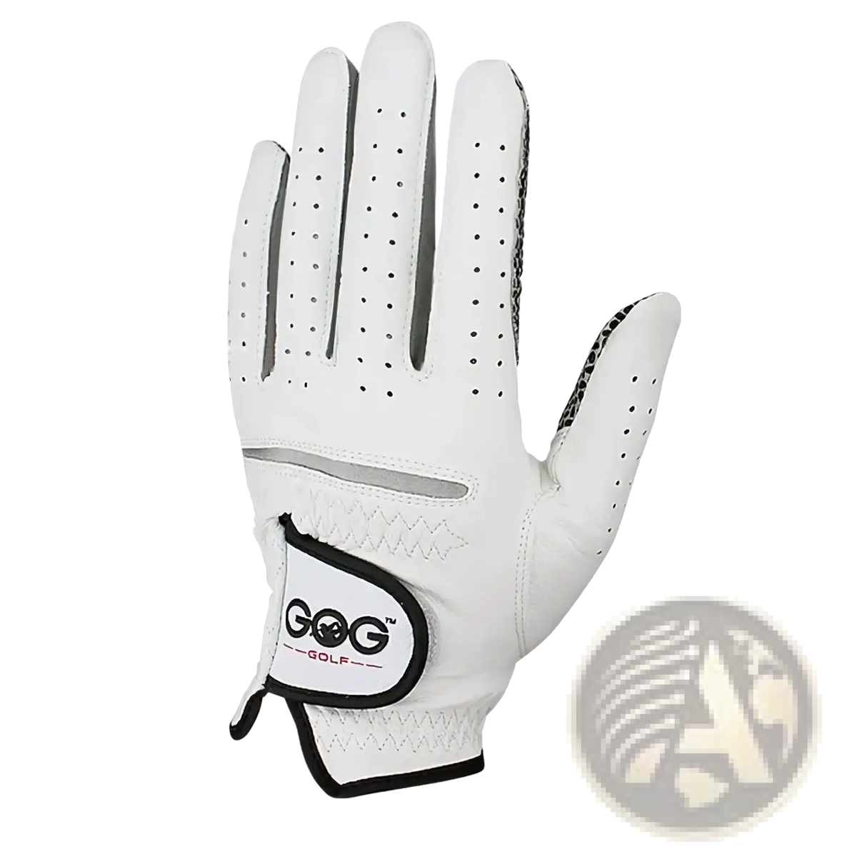 Men’s sheepskin white leather golf glove with black perforated accents and gog golf logo patch on back side