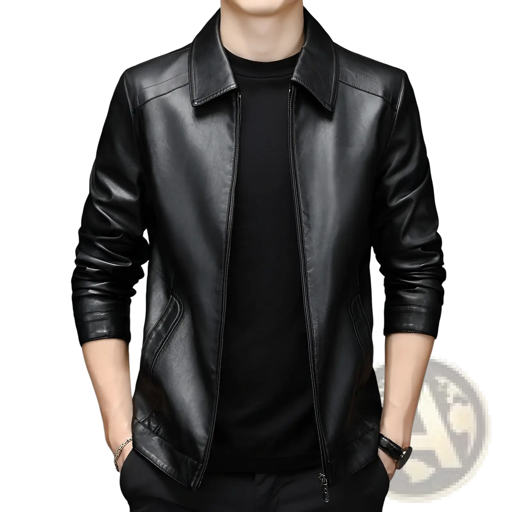 Men’s black sheepskin leather jacket with thin fleece lining classic collar and zip-front design