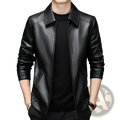 Men’s black sheepskin leather jacket with thin fleece lining classic collar and zip-front design