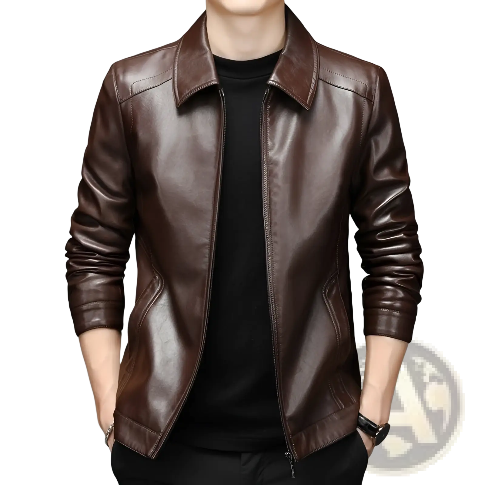 Men’s rich brown sheepskin leather jacket with classic collar zipper closure and thin fleece lining for lightweight warmth