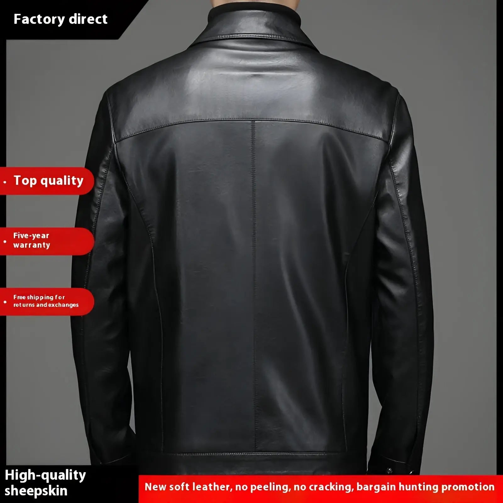 Men’s black leather jacket with sleek sheepskin finish and classic stitching details thin fleece lining visible