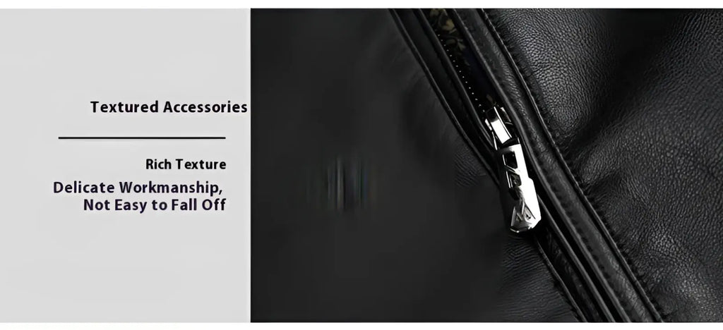 Men’s black sheepskin leather jacket with thin fleece lining featuring a silver-toned metal zipper pull