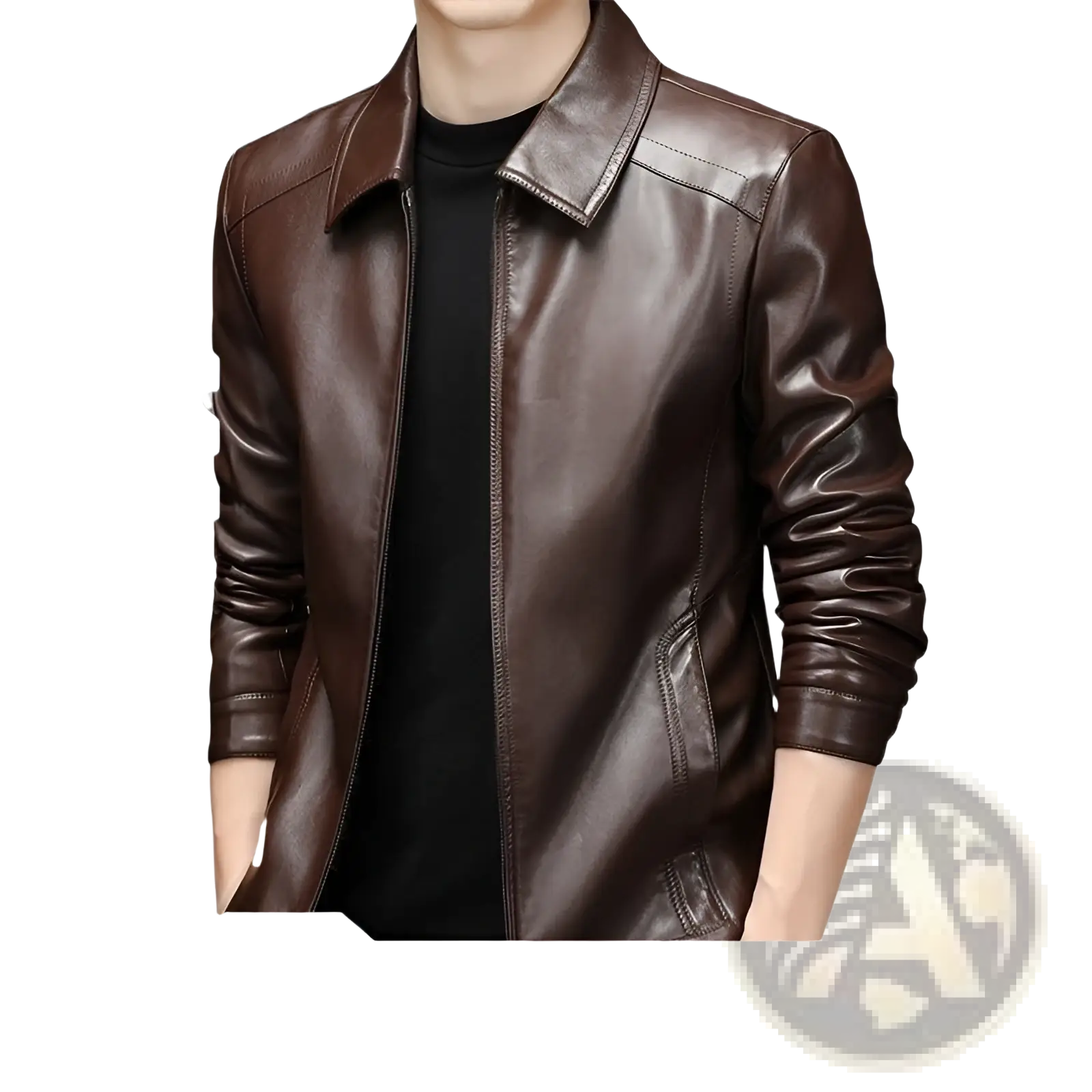 Men’s rich brown sheepskin leather jacket with classic collar zipper front and thin fleece lining