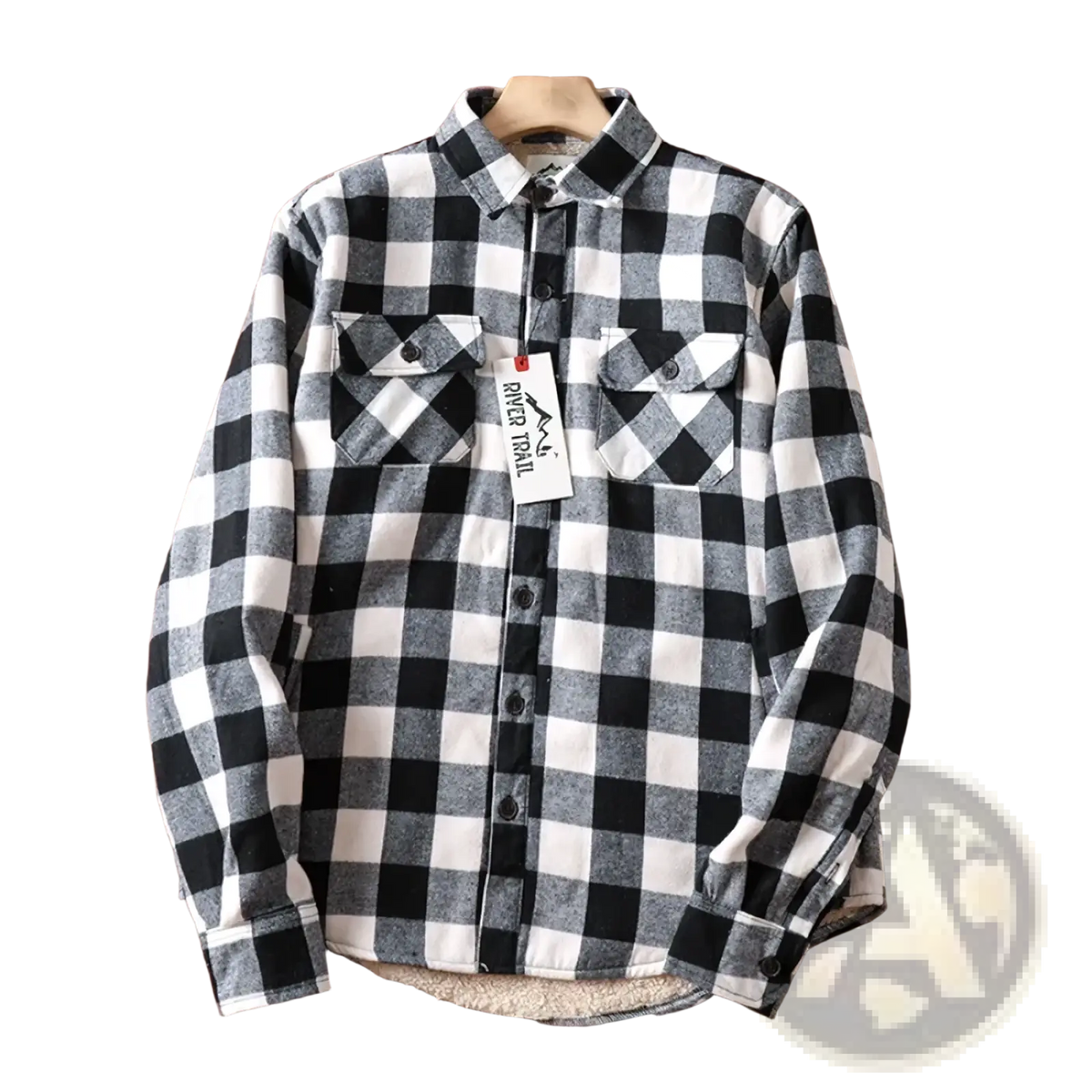 Men’s sherpa lined plaid fleece flannel shirt jacket in black and white checkered soft textured fabric
