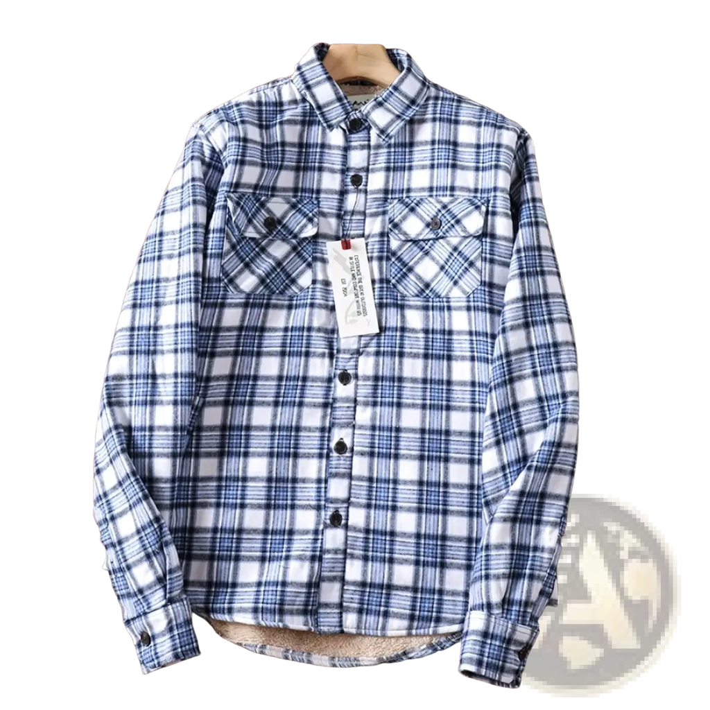 Men’s sherpa lined plaid fleece flannel shirt jacket in blue and white with button-up front chest pockets and soft lining