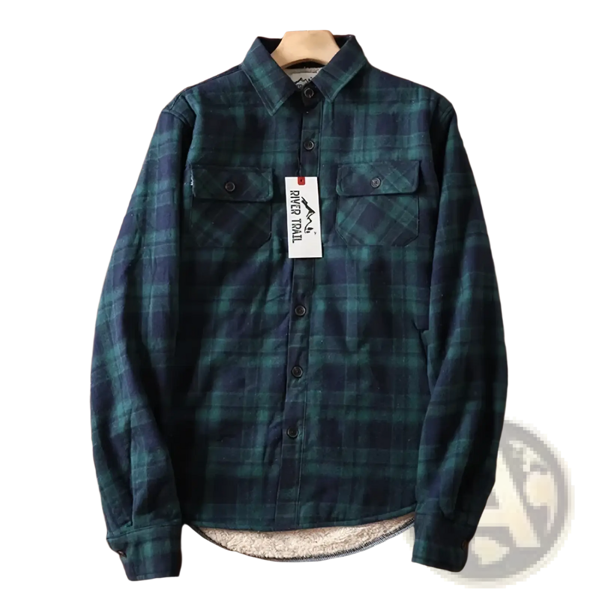 Men’s sherpa lined plaid fleece flannel shirt jacket in dark green and navy blue with soft fleece lining