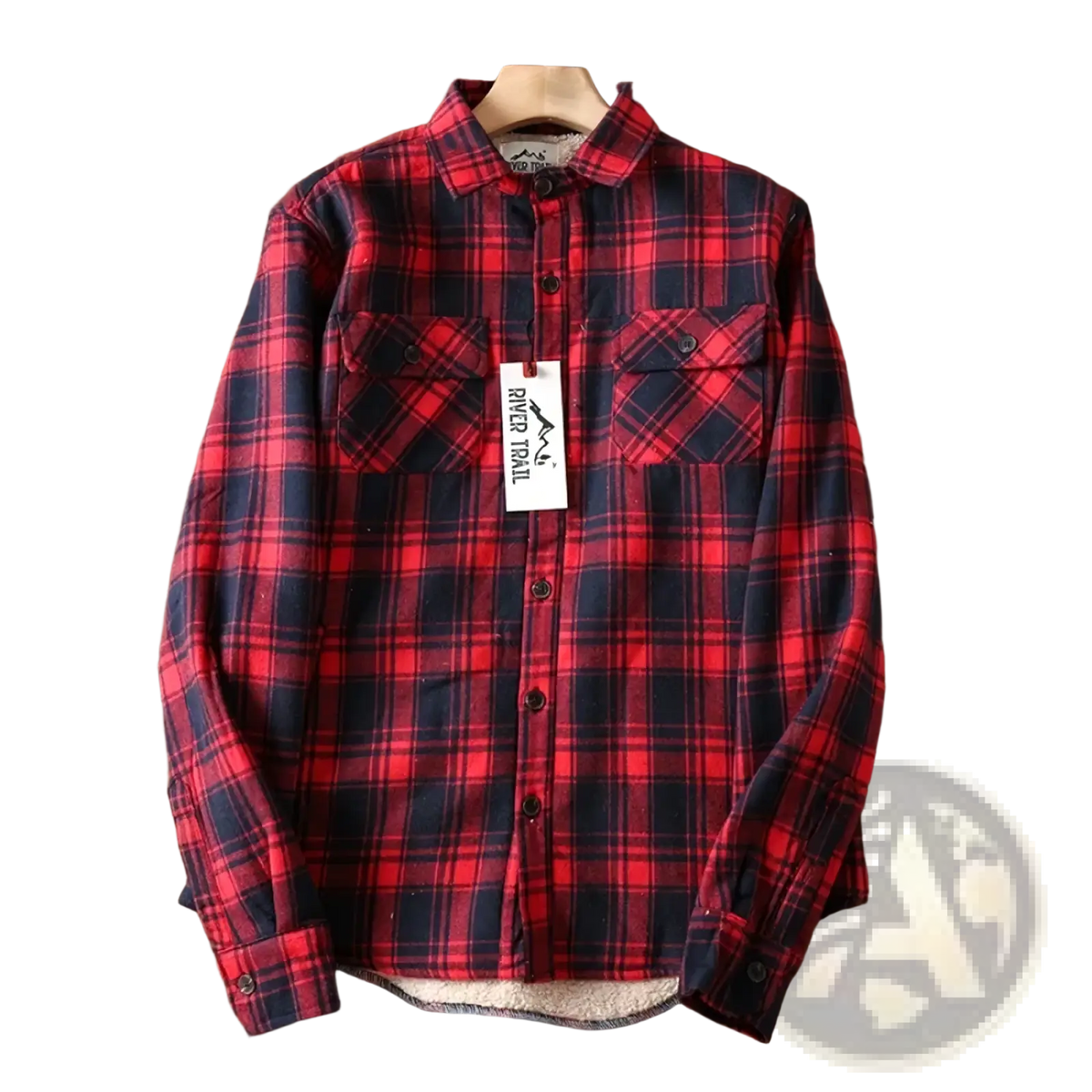 Men’s sherpa lined plaid fleece flannel shirt jacket in red and navy with buttoned chest pockets and warm lining