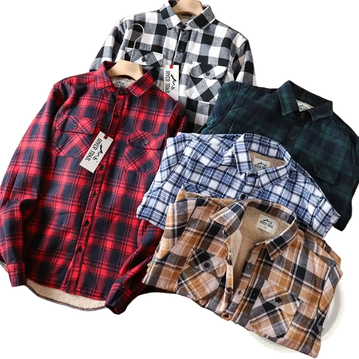 Men’s sherpa lined plaid fleece flannel shirt jacket in red and navy with soft fleece lining for warmth and comfort