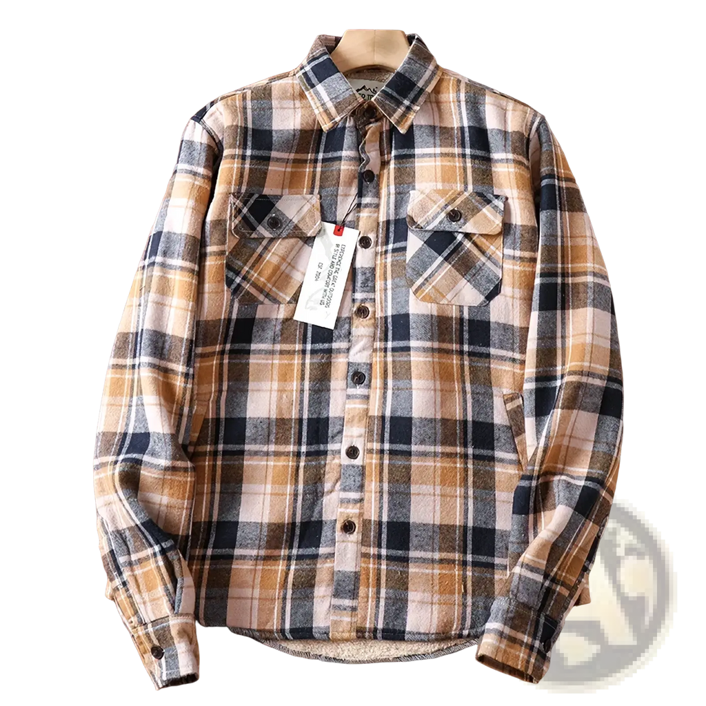 Men’s sherpa lined plaid fleece flannel shirt jacket in cozy beige navy blue and gray long-sleeved flannel material