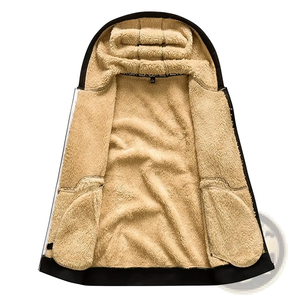 Men’s sherpa lined winter zip hoodie in beige fleece with black trim and two front pockets for cold weather