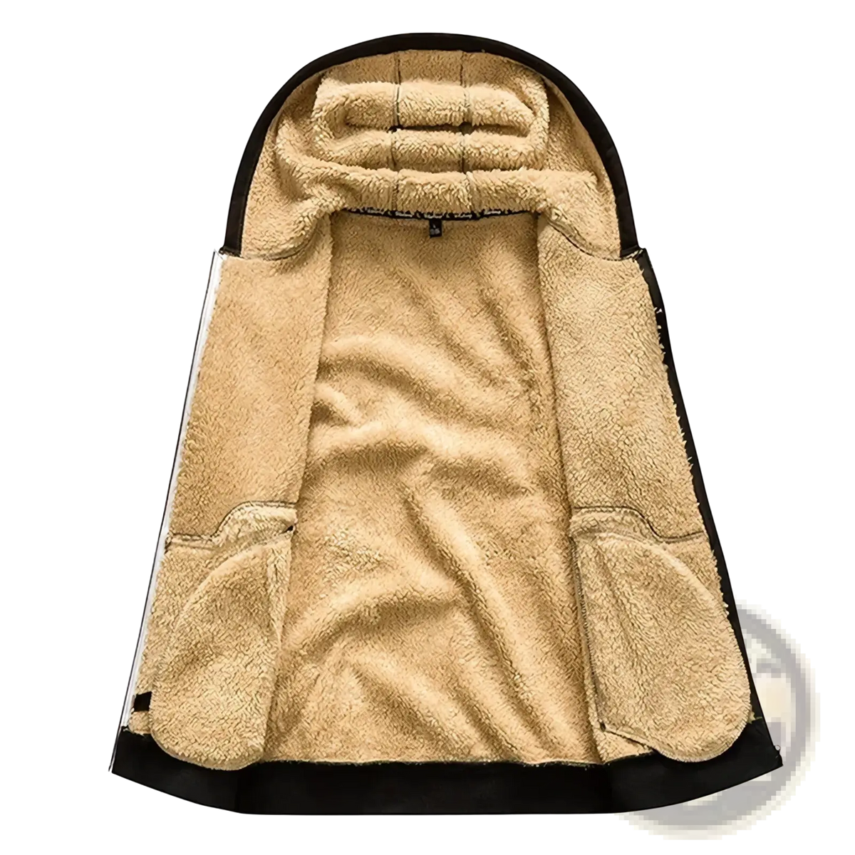 Men’s sherpa lined winter zip hoodie in beige fleece with black trim and two front pockets for cold weather