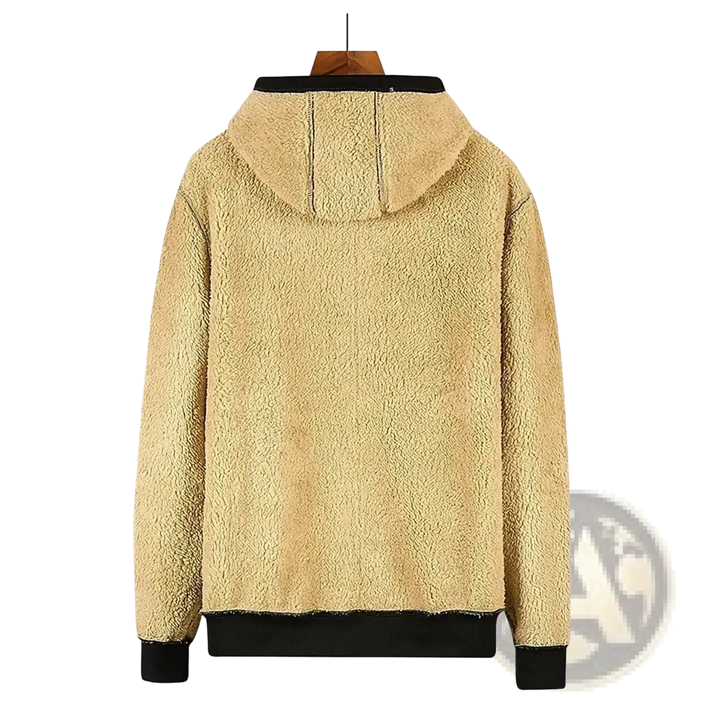 Beige men’s sherpa lined winter zip hoodie with fleece lining black ribbed cuffs and hem for cold weather use